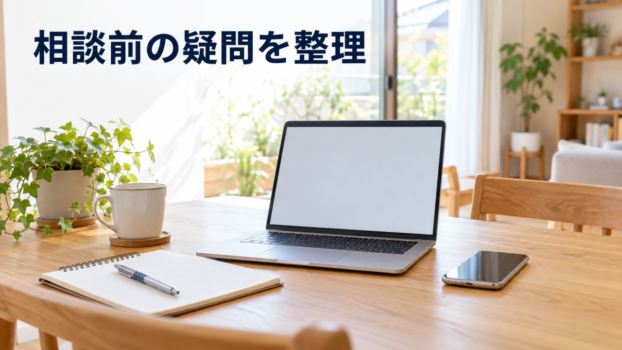 家庭でオンライン相談の準備をするノートパソコンのイメージ