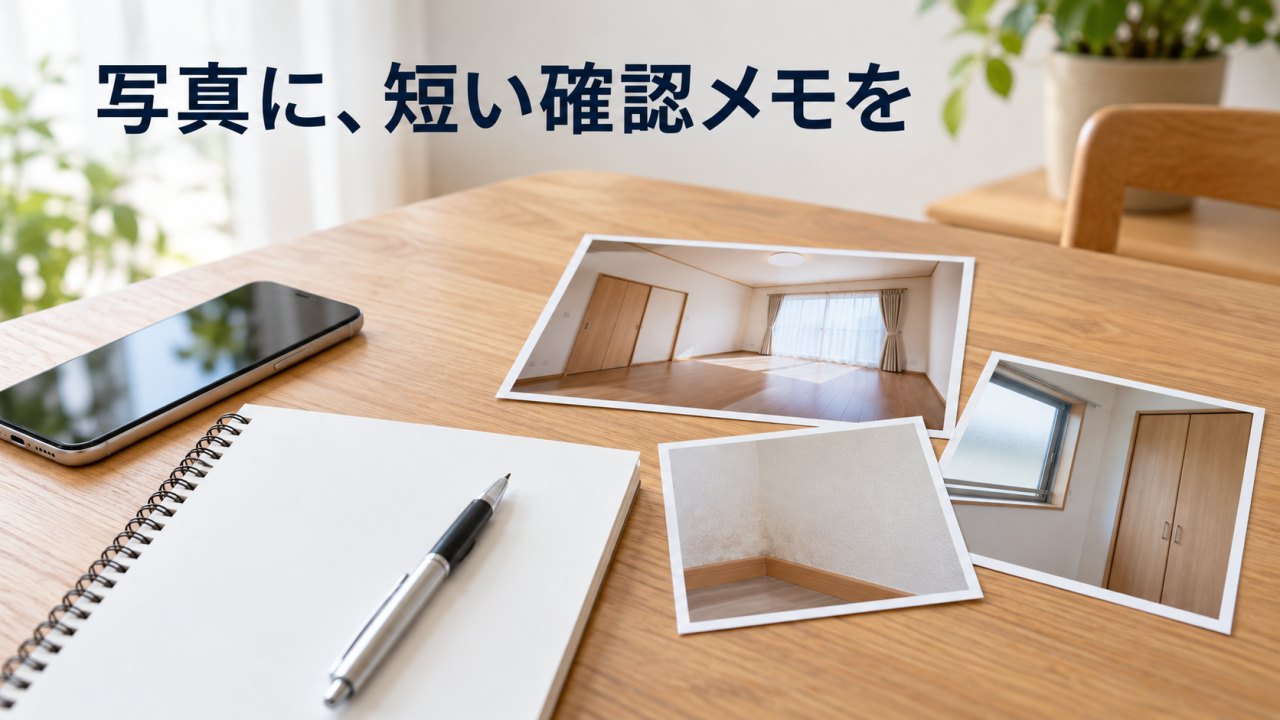 全体・部分・周辺の写真と相談用メモをそろえるイメージ