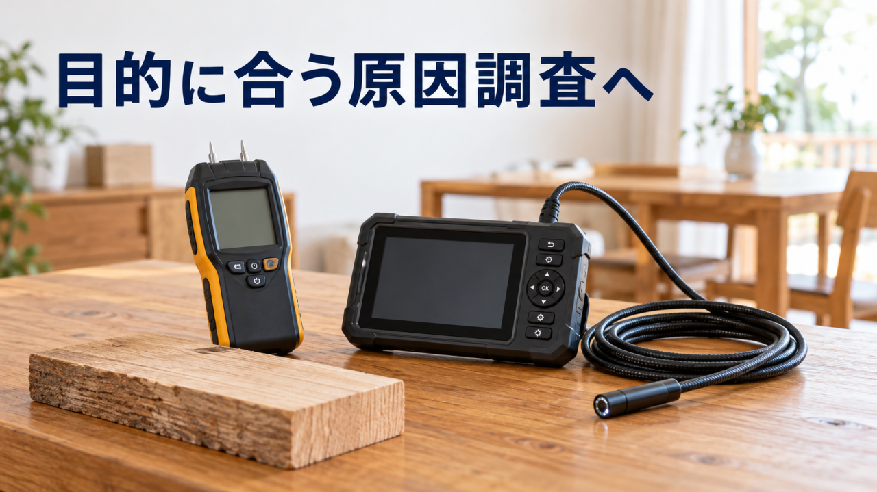建材の水分測定器とファイバースコープのイメージ