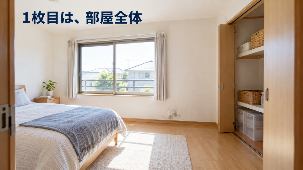 窓・壁・床・収納の位置関係が分かる部屋全体の撮影イメージ