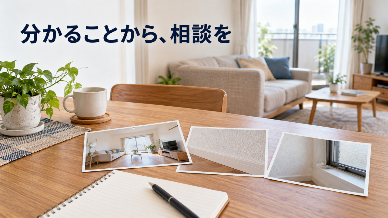 3枚の写真とメモをそろえ、相談に進む準備のイメージ