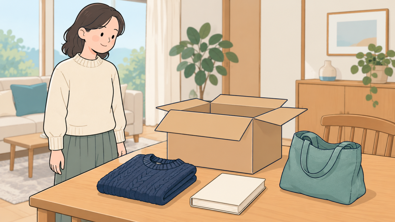 返却箱から見える衣類や本の状態を無理なく確認するイラスト