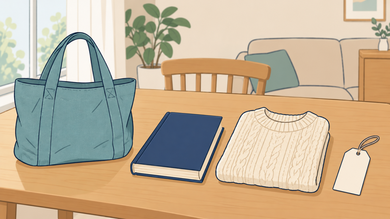 衣類、バッグ、本の素材を分けて相談先を考えるイラスト