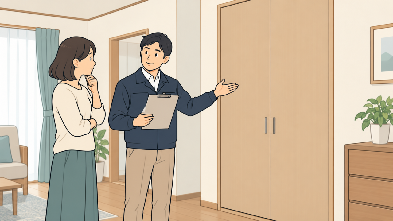 訪問時に確認できる範囲を、造り付け収納の前で相談するイラスト