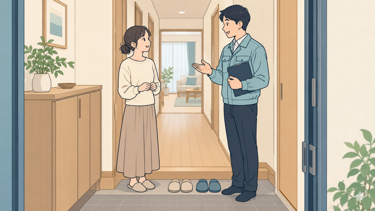 玄関から確認場所までの通路と訪問時の動きを相談するイラスト