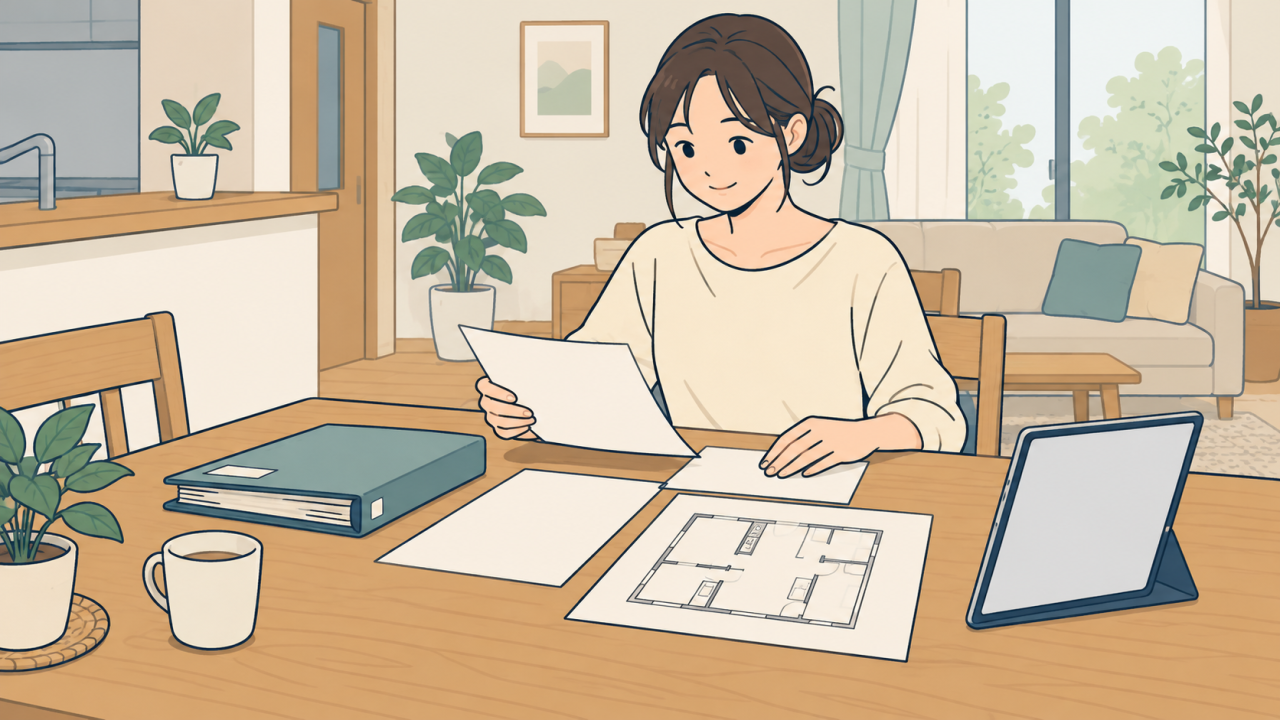 用意できる図面や資料だけを机にまとめるイラスト