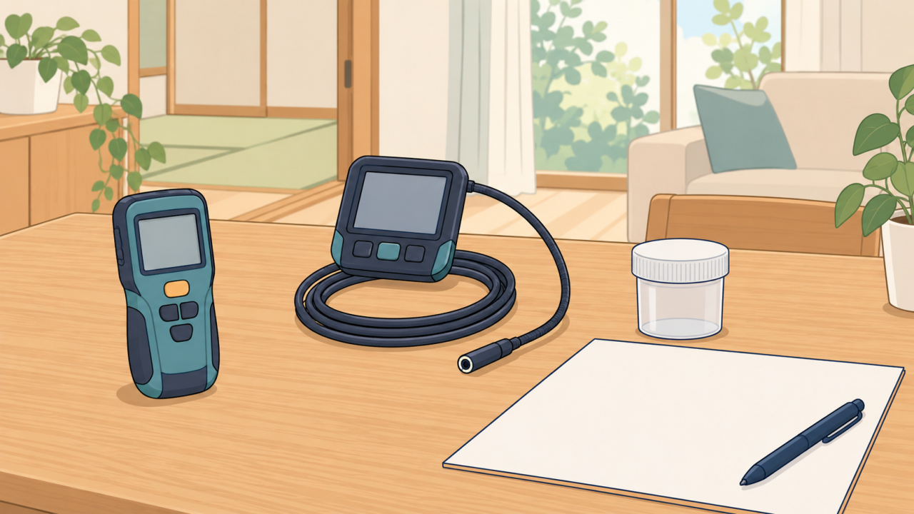 含水率計、観察用カメラ、採取容器を別々に並べたイラスト