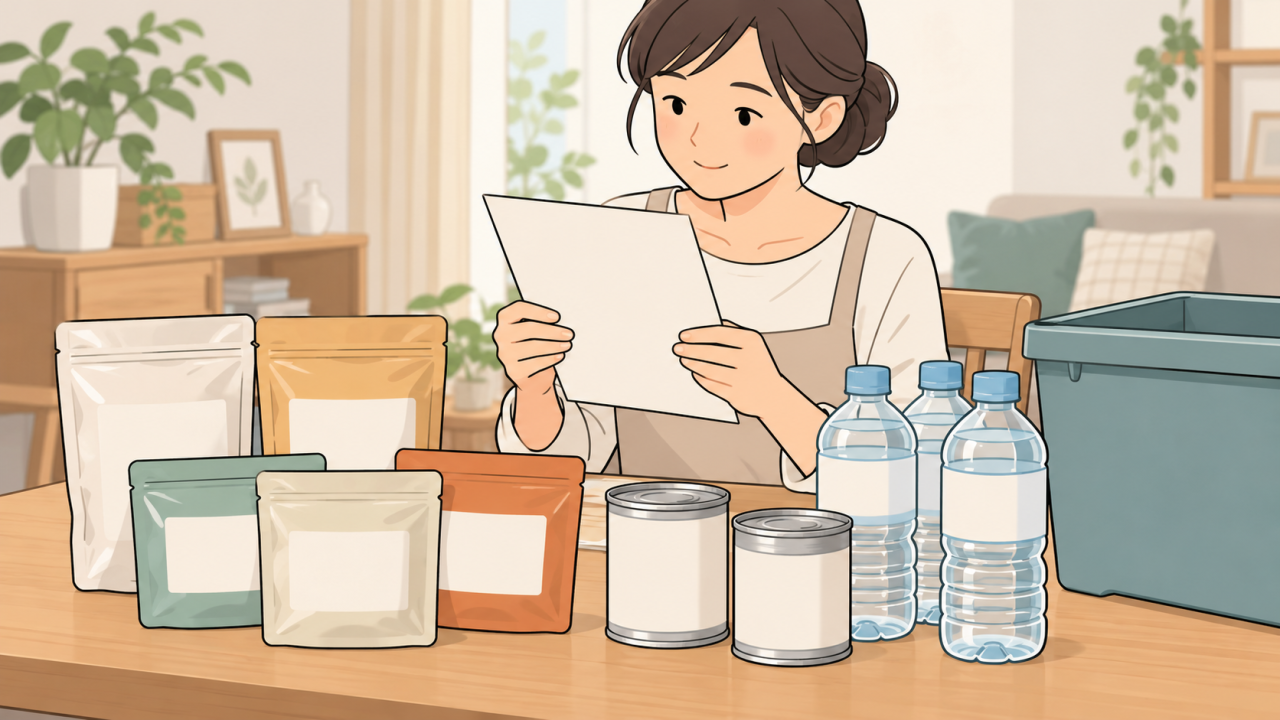 未開封の食品や飲料水の包装と表示を確認する場面のイラスト