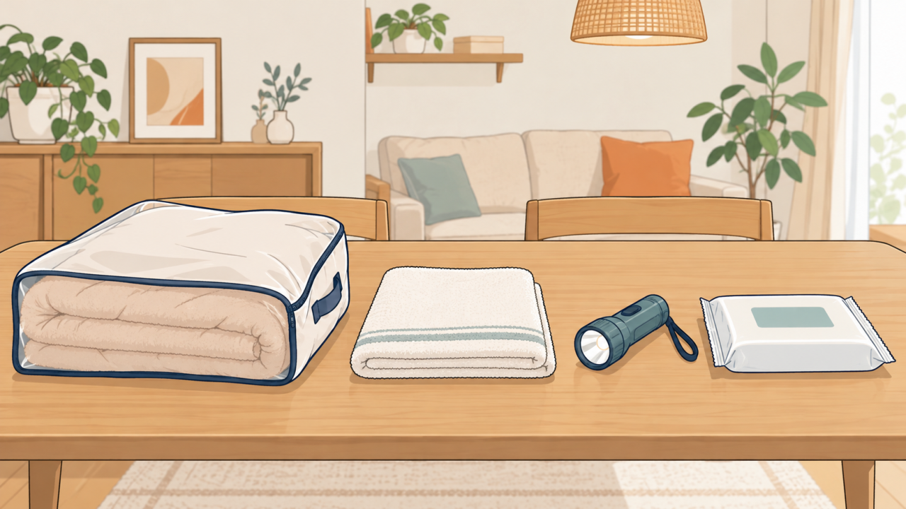 毛布、タオル、ライト、衛生用品を分けて並べたイラスト