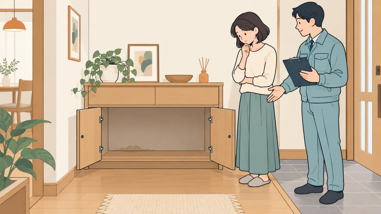 備蓄を置いていた棚と床の見える部分を確認するイラスト