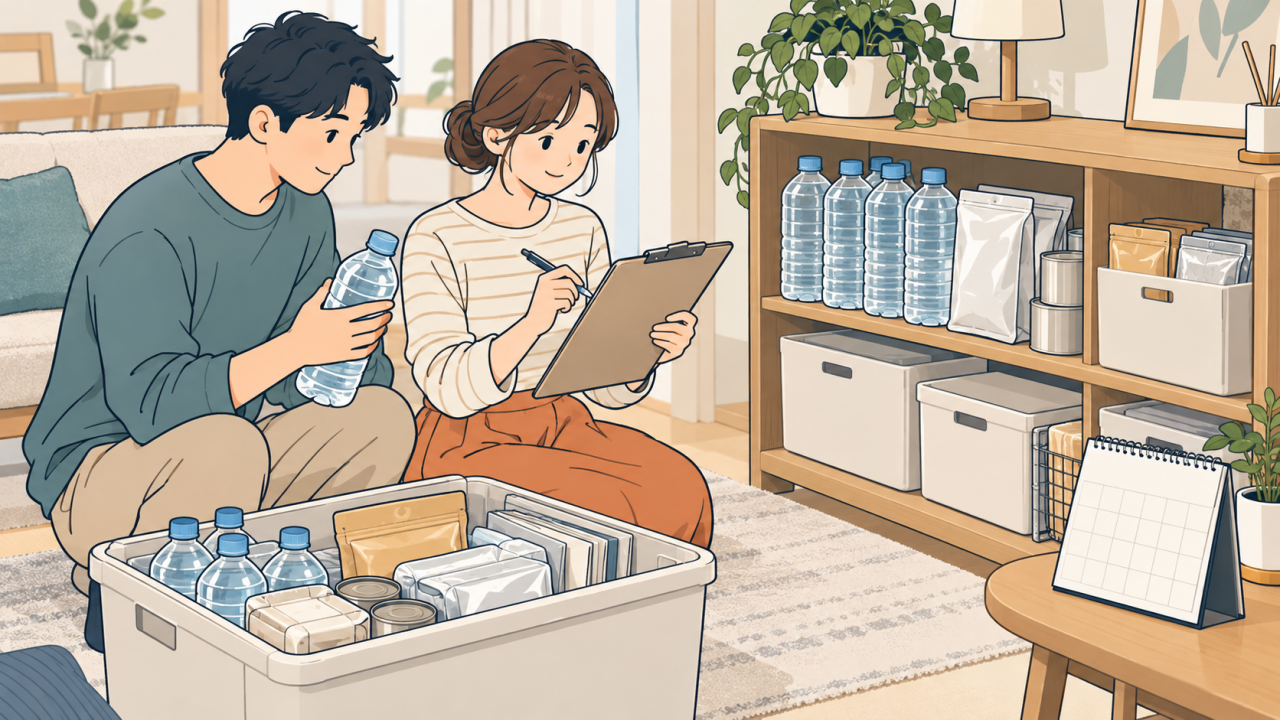 家族で備蓄の置き場所と次の点検予定を確認するイラスト