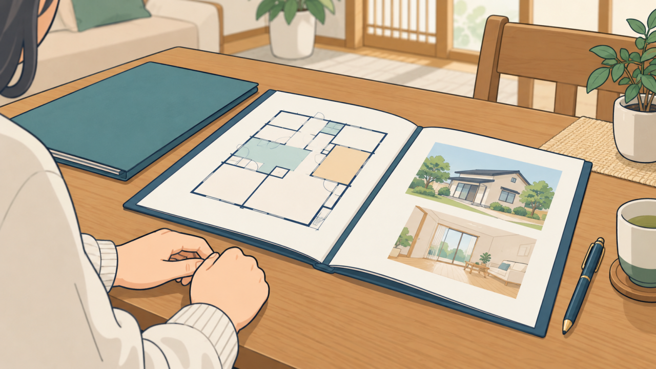 作業範囲が描かれた説明用の報告書を確認するイラスト