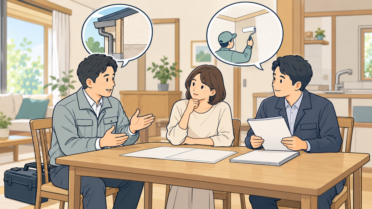 建物修理とカビ対応の担当を分けて相談するイラスト