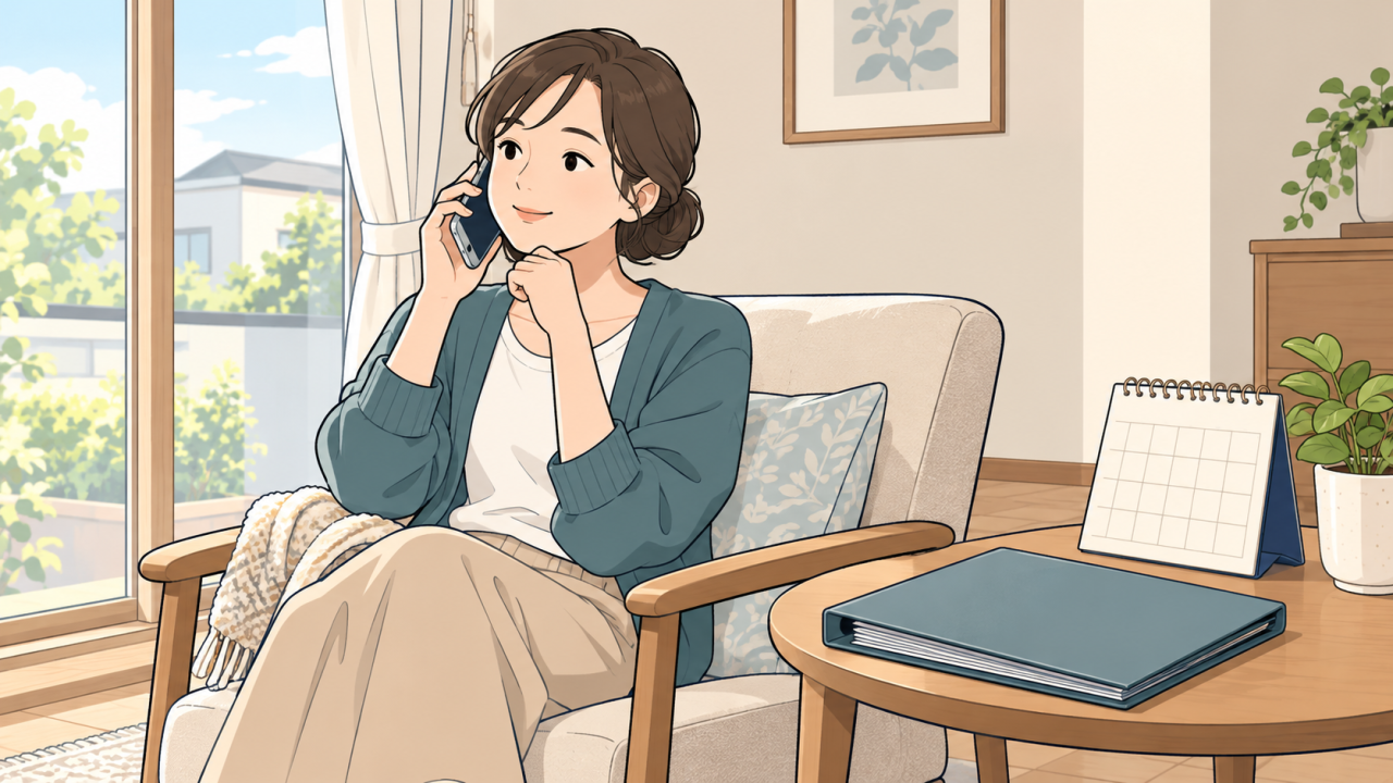 報告書と予定表を手元に、再確認の連絡をするイラスト