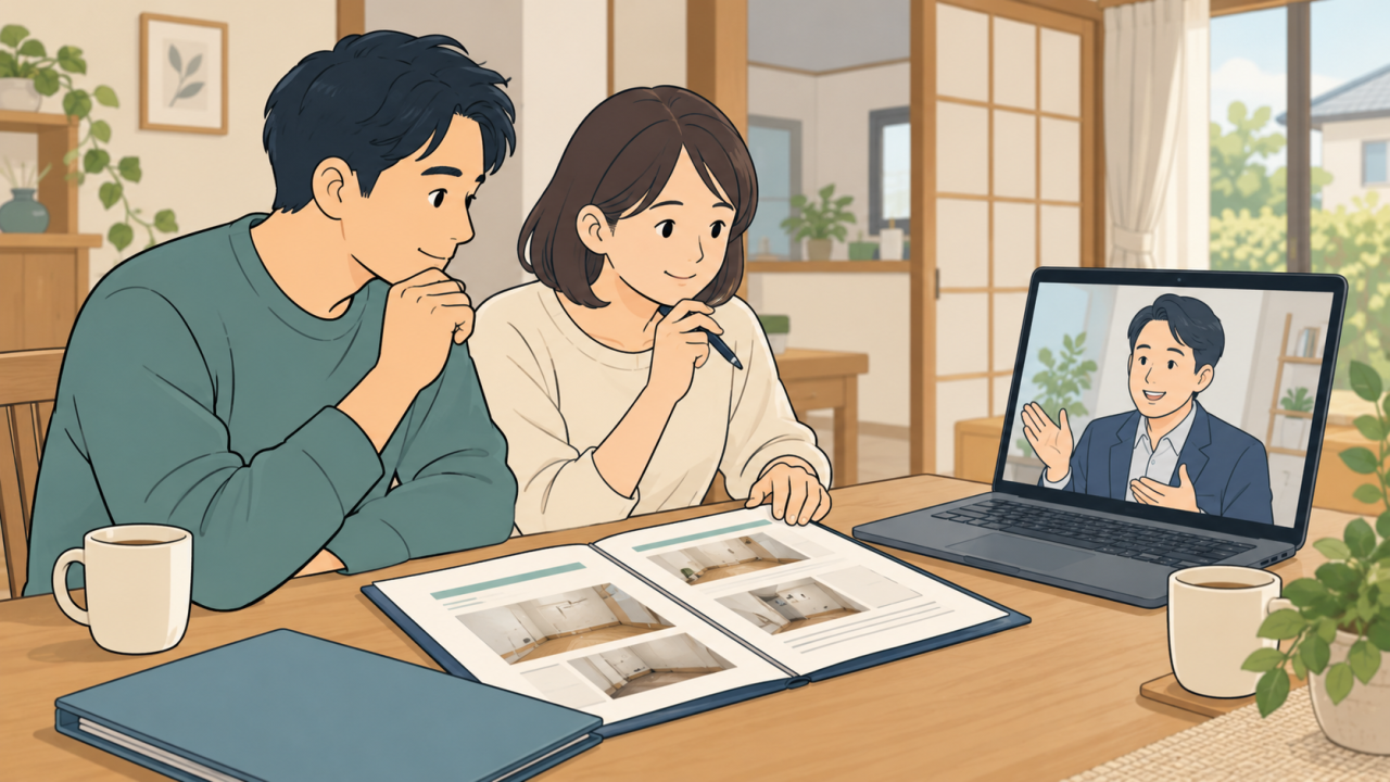 家族で完了報告と残る確認事項を共有するイラスト