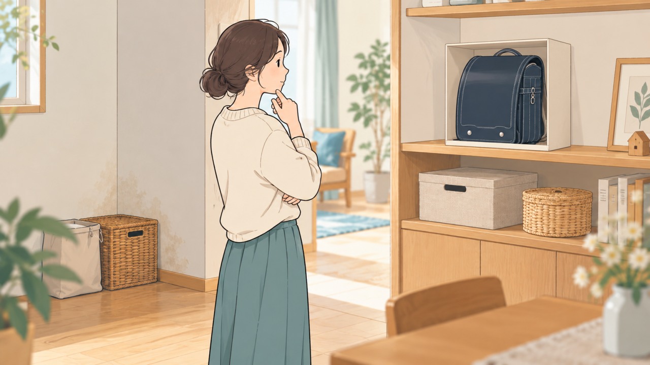 手の届く棚と湿りのある隅を見比べるイラスト