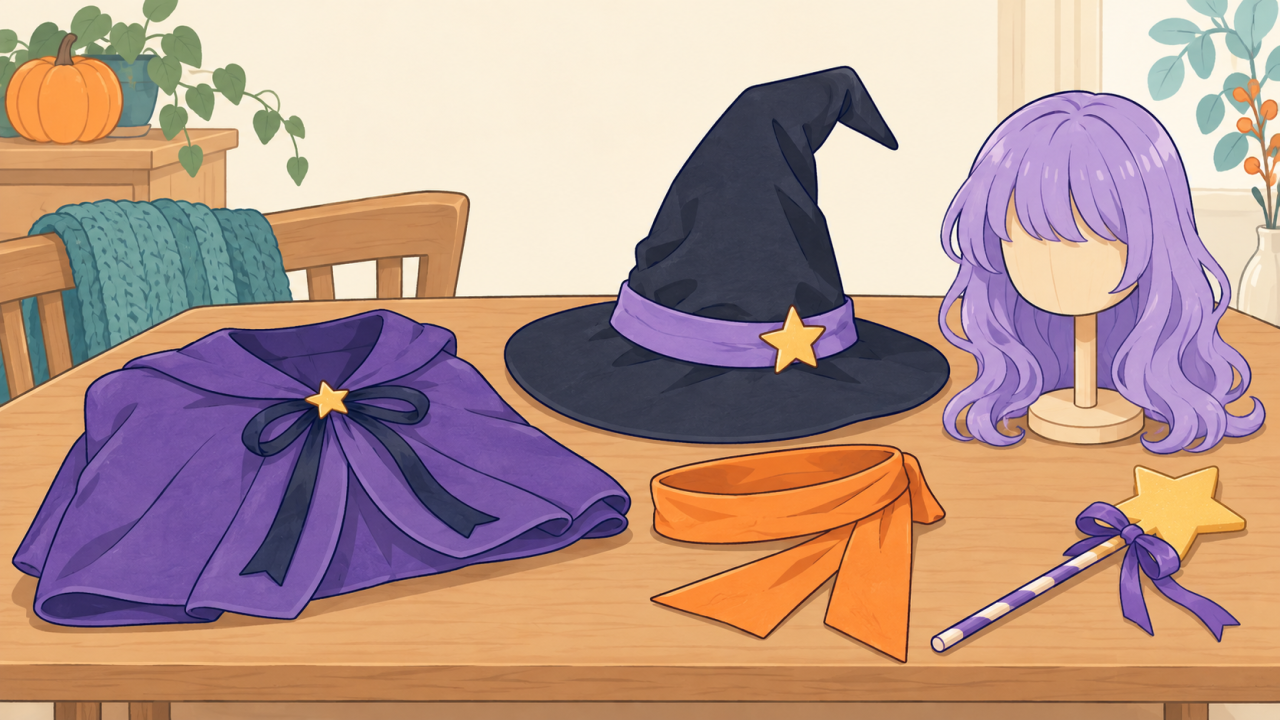 衣装・帽子・ウィッグ・小道具を分けて並べたイラスト
