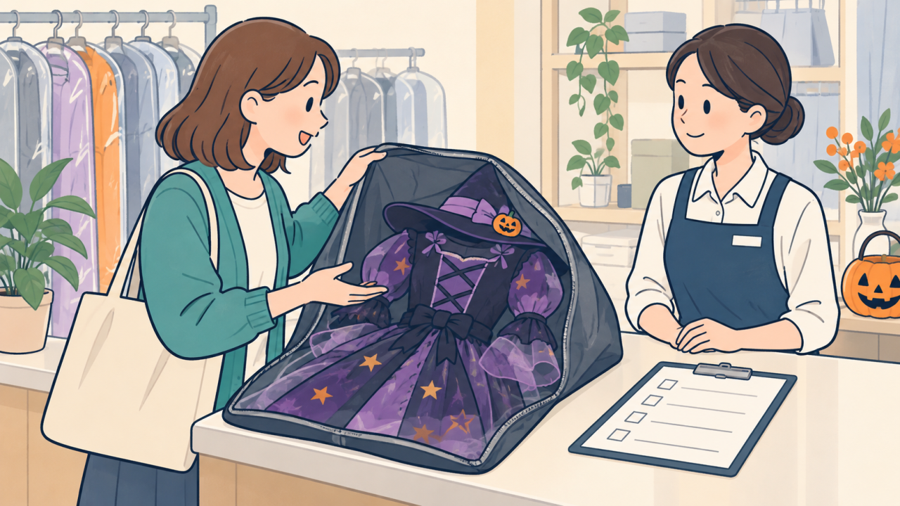 衣装の素材と予定日をクリーニング店へ相談するイラスト