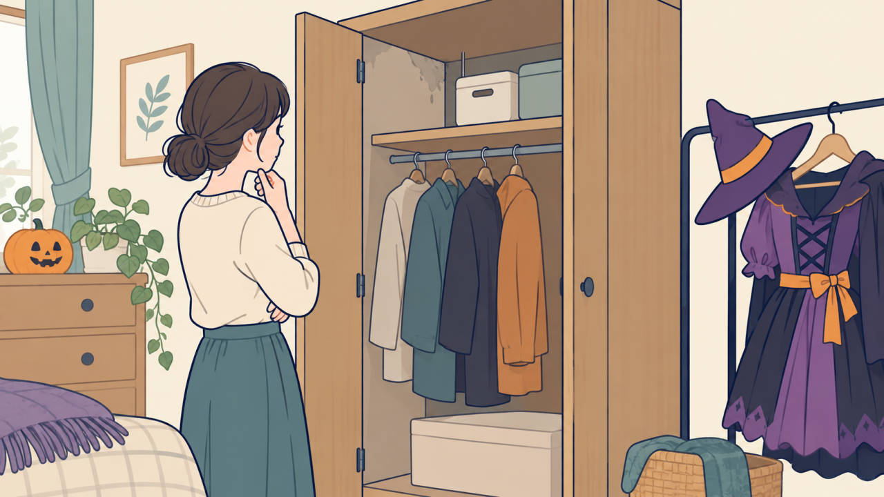 衣装を置いていた収納の湿りを確認するイラスト