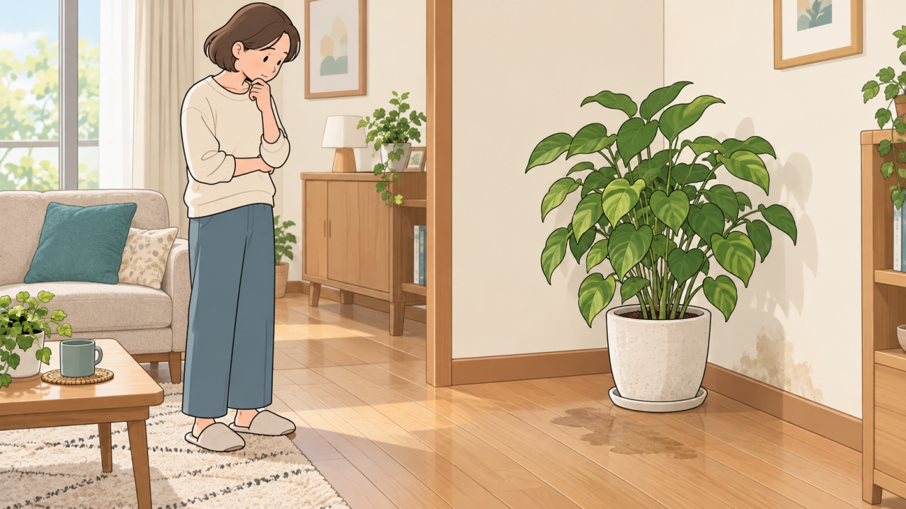 観葉植物の近くの床と壁を確認するイラスト