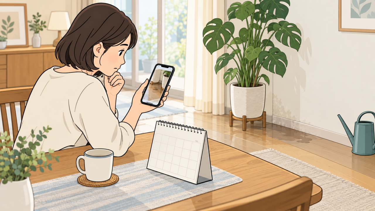 植物のそばの床で水に気づいた時期を整理するイラスト