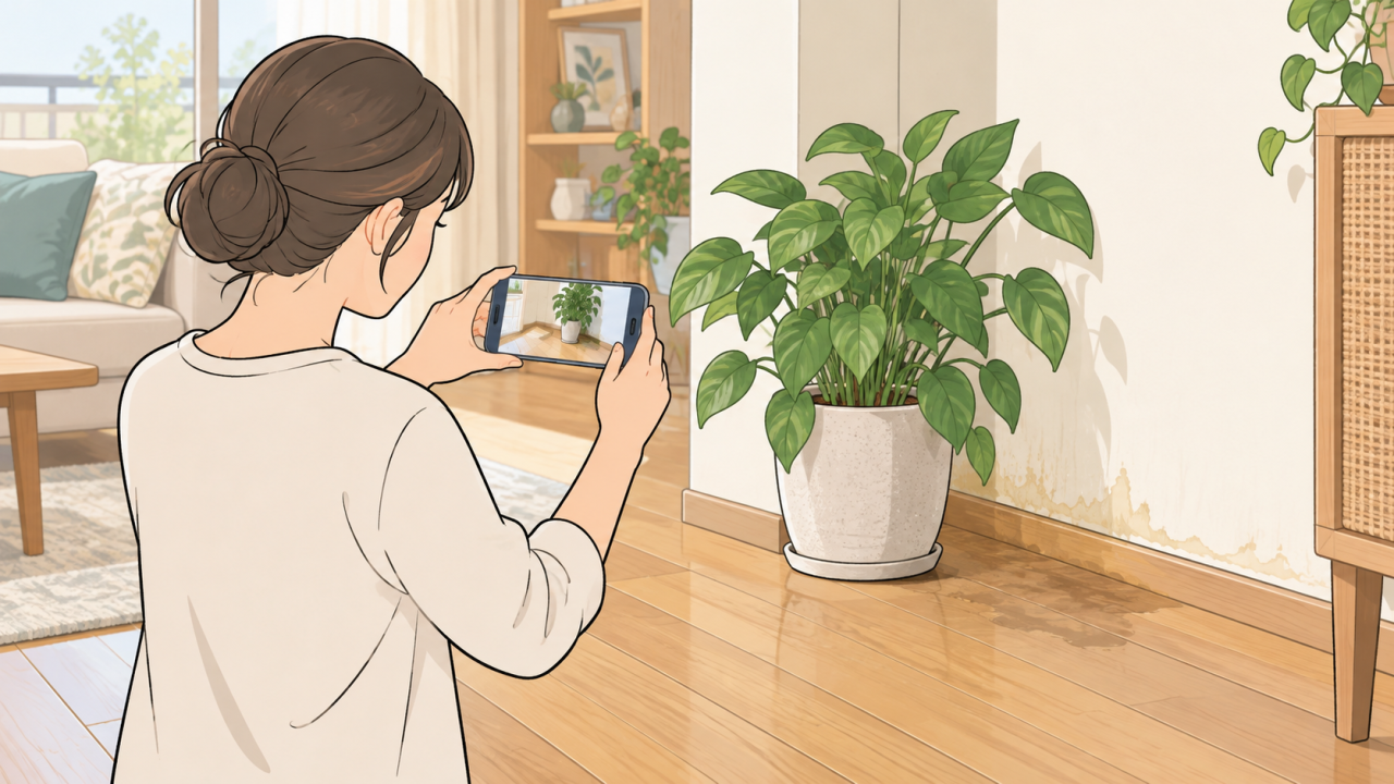 植物の横の床と壁の境目を写真で記録するイラスト