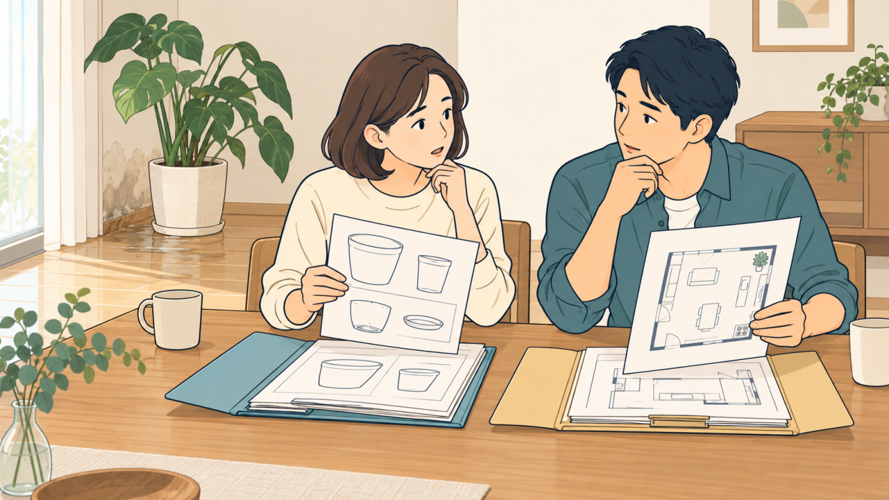 園芸用品と建物の相談先を分けて考えるイラスト