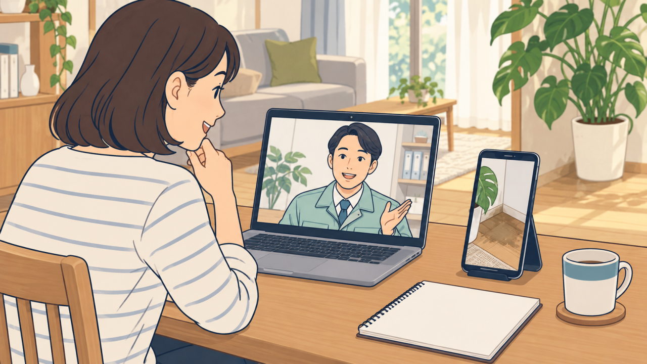 植物のそばの床の状態をオンライン相談するイラスト