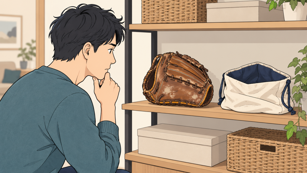 型を潰さず置かれたグラブと別にある袋のイラスト