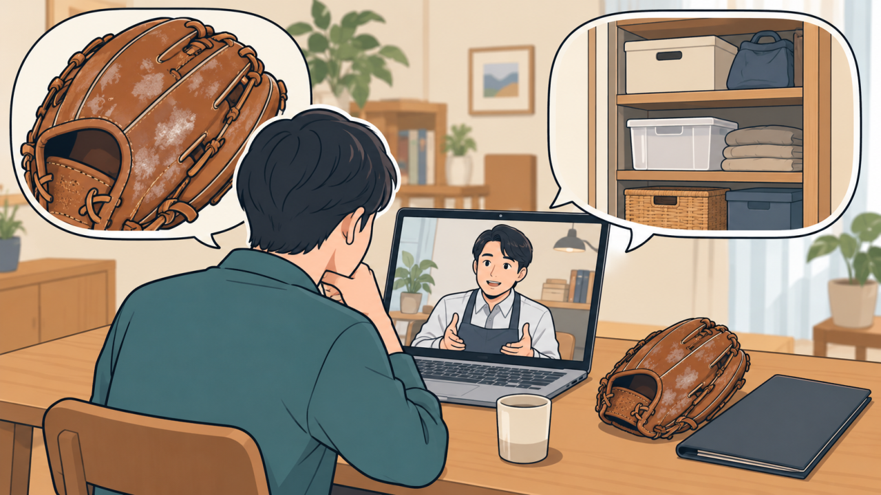 グラブをしまっていた場所についてオンライン相談するイラスト