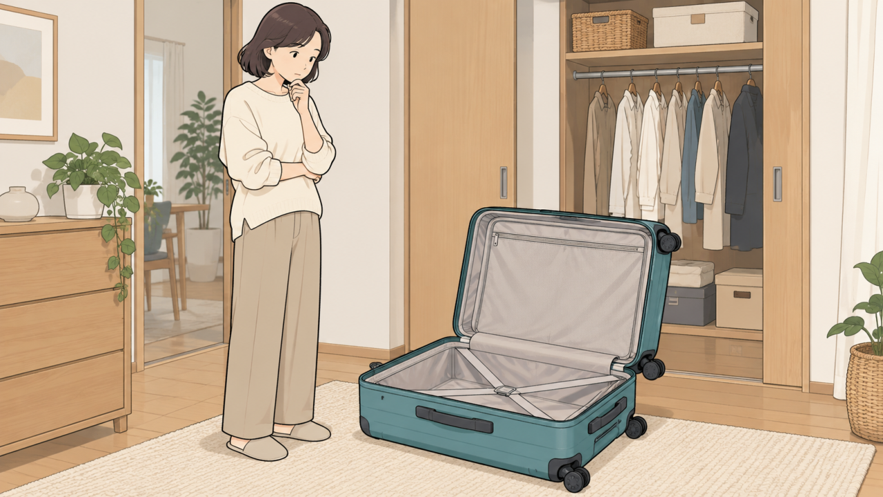 収納から出した空のスーツケースの状態を確認するイラスト