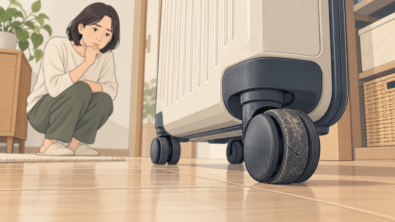 摩耗やひびがあるキャスターを観察するイラスト