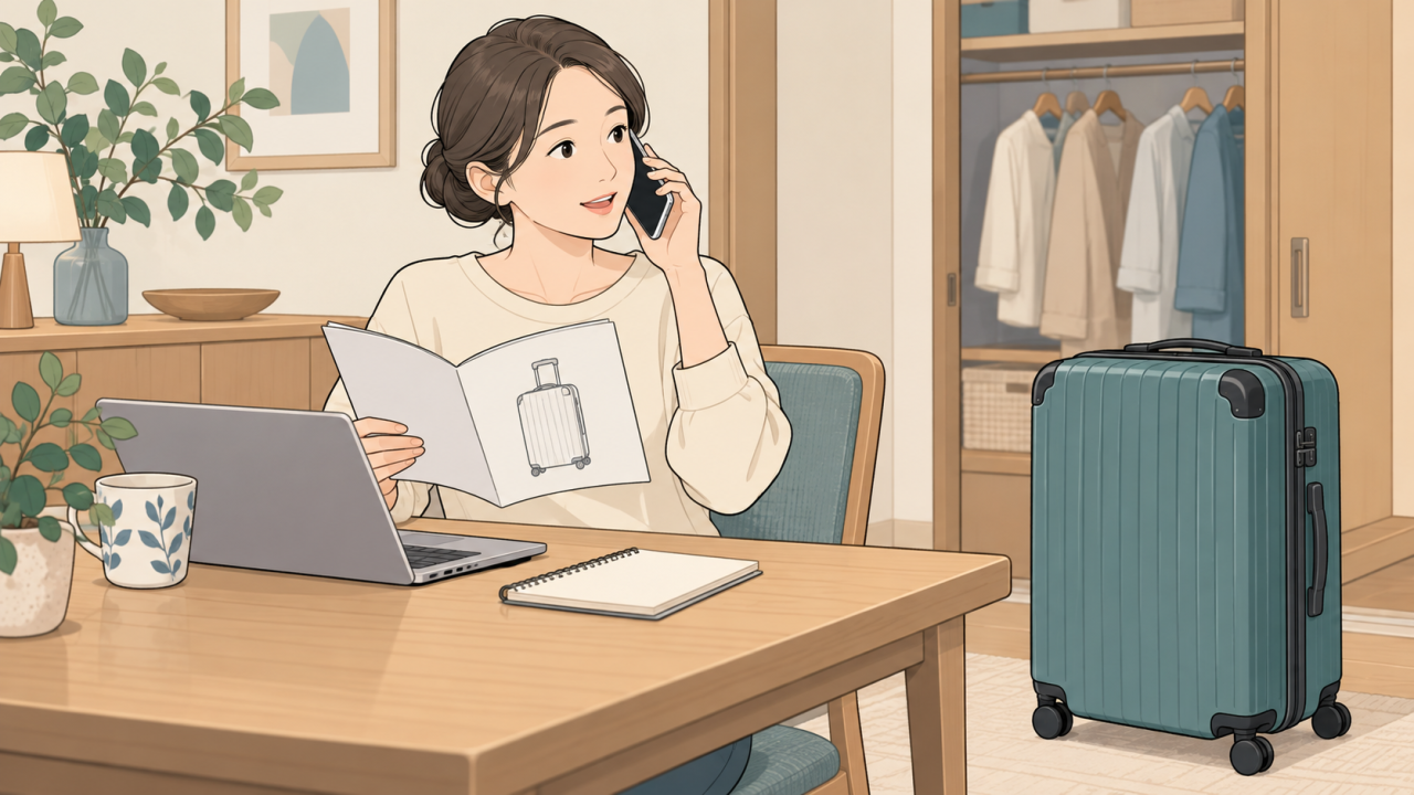 スーツケースのメーカーへ問い合わせるイラスト