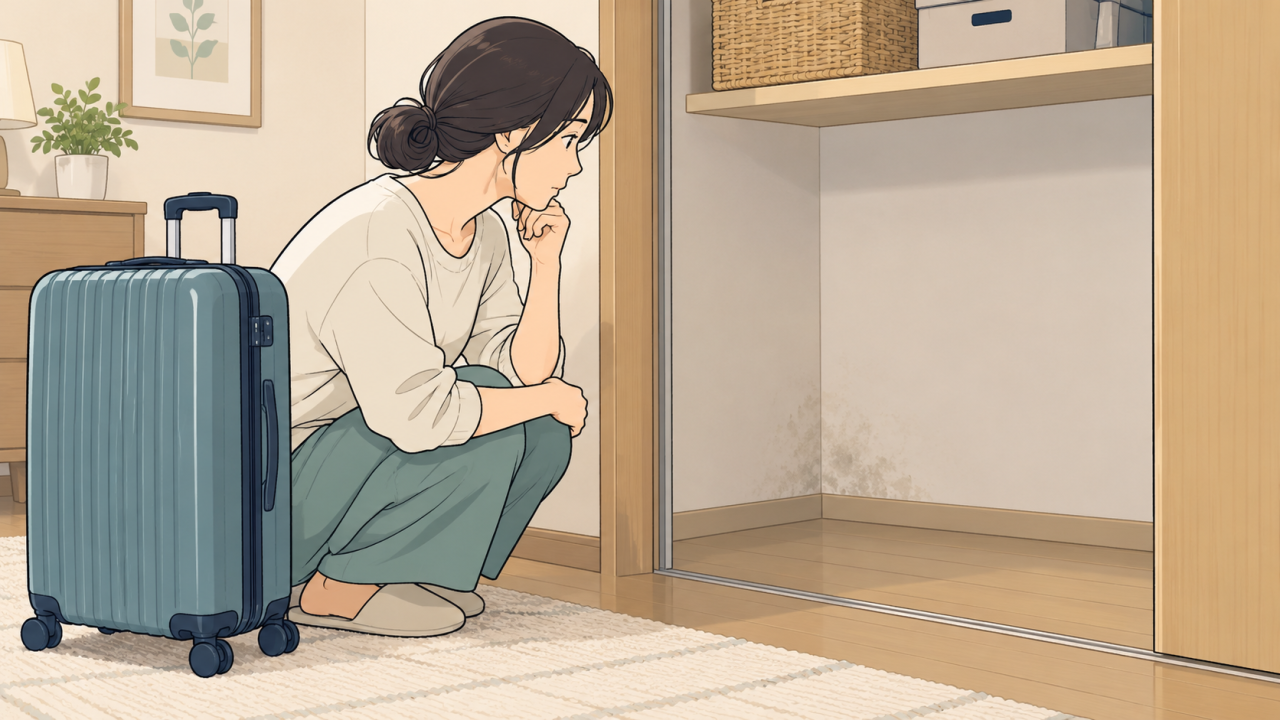 ケースをしまっていた収納の見える範囲を確認するイラスト
