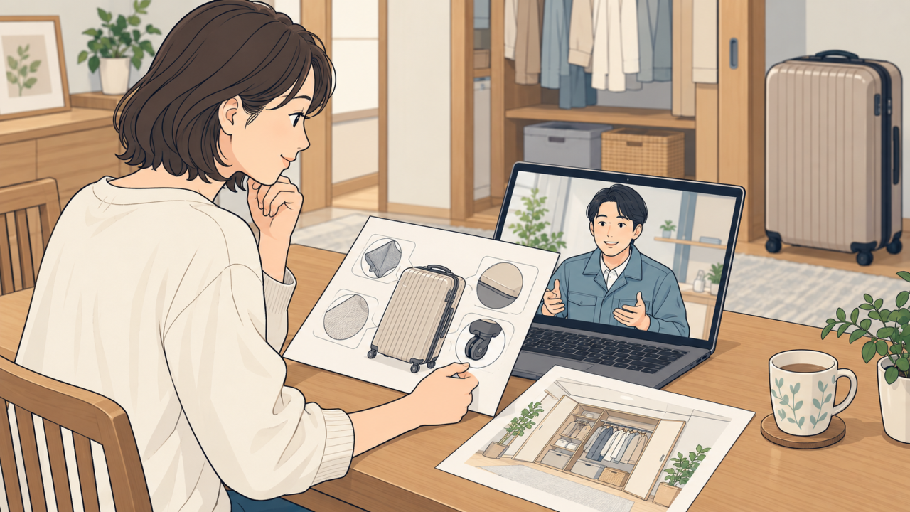 スーツケースと保管場所の相談を整理するイラスト