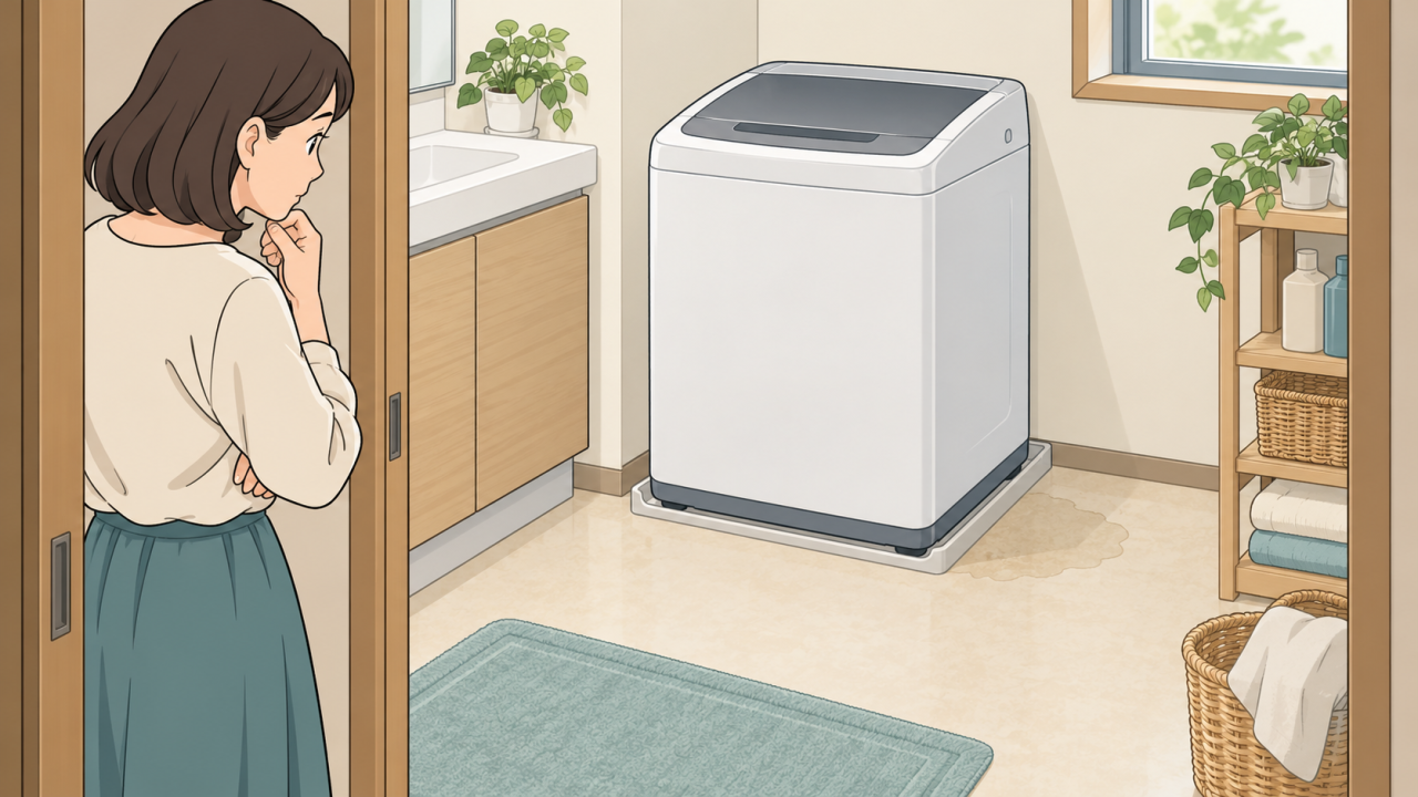 洗濯機のそばの床の跡を入口から見るイラスト