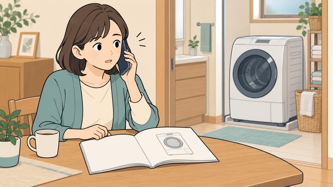 洗濯機の修理窓口へ電話で相談するイラスト