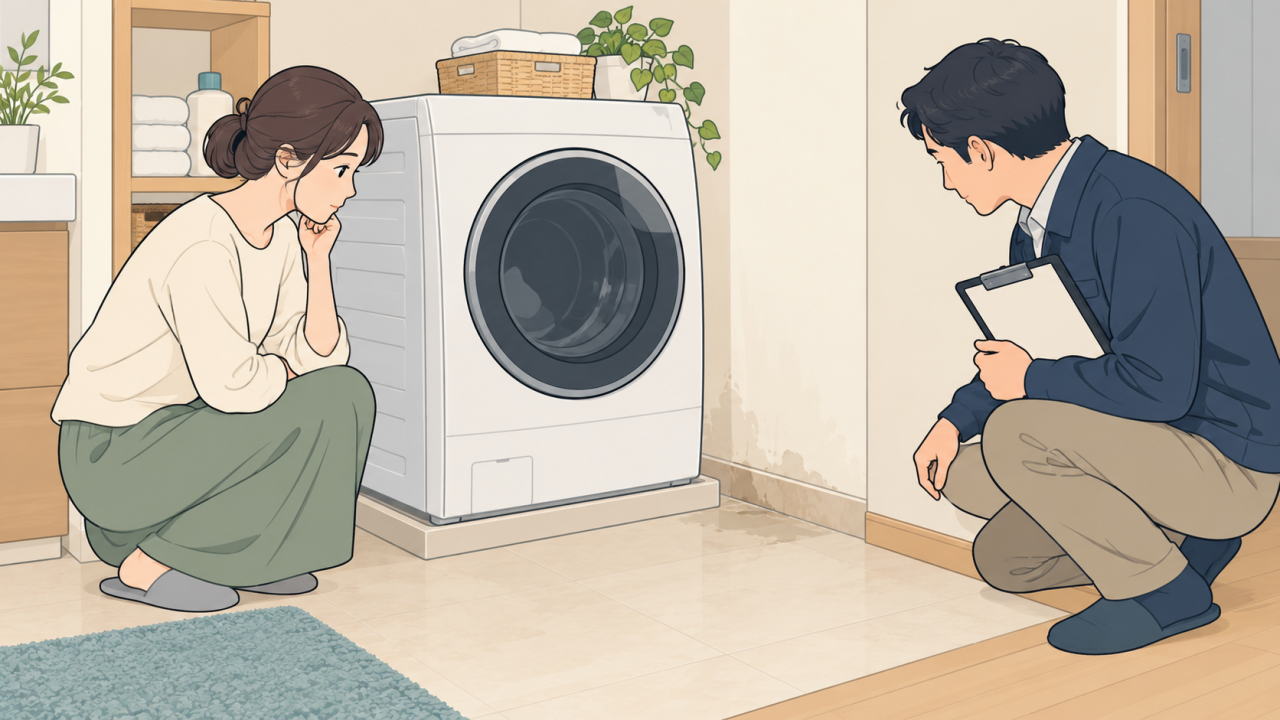 洗濯機を動かさず床と壁の確認範囲を話し合うイラスト