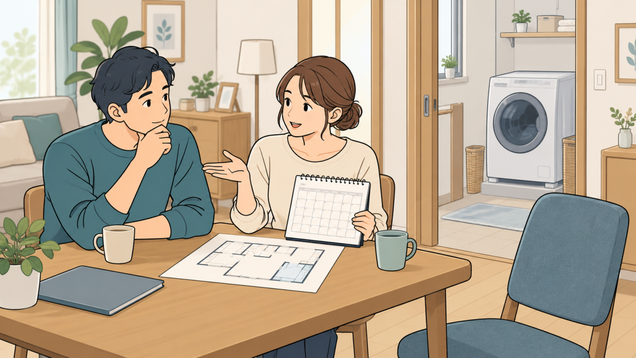洗濯機修理と床の確認の日程を相談するイラスト