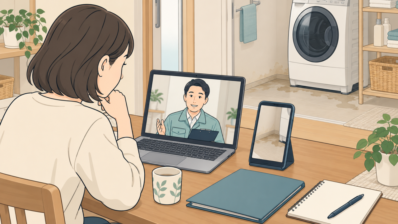 洗濯機まわりの床についてオンライン相談するイラスト