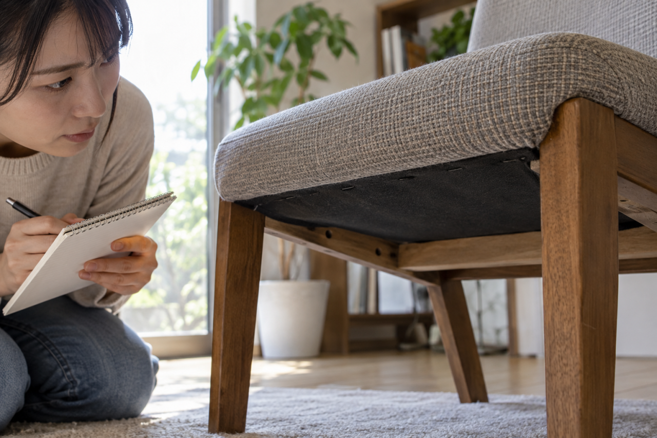 布張り椅子の縫い目と底面を確認できる場面