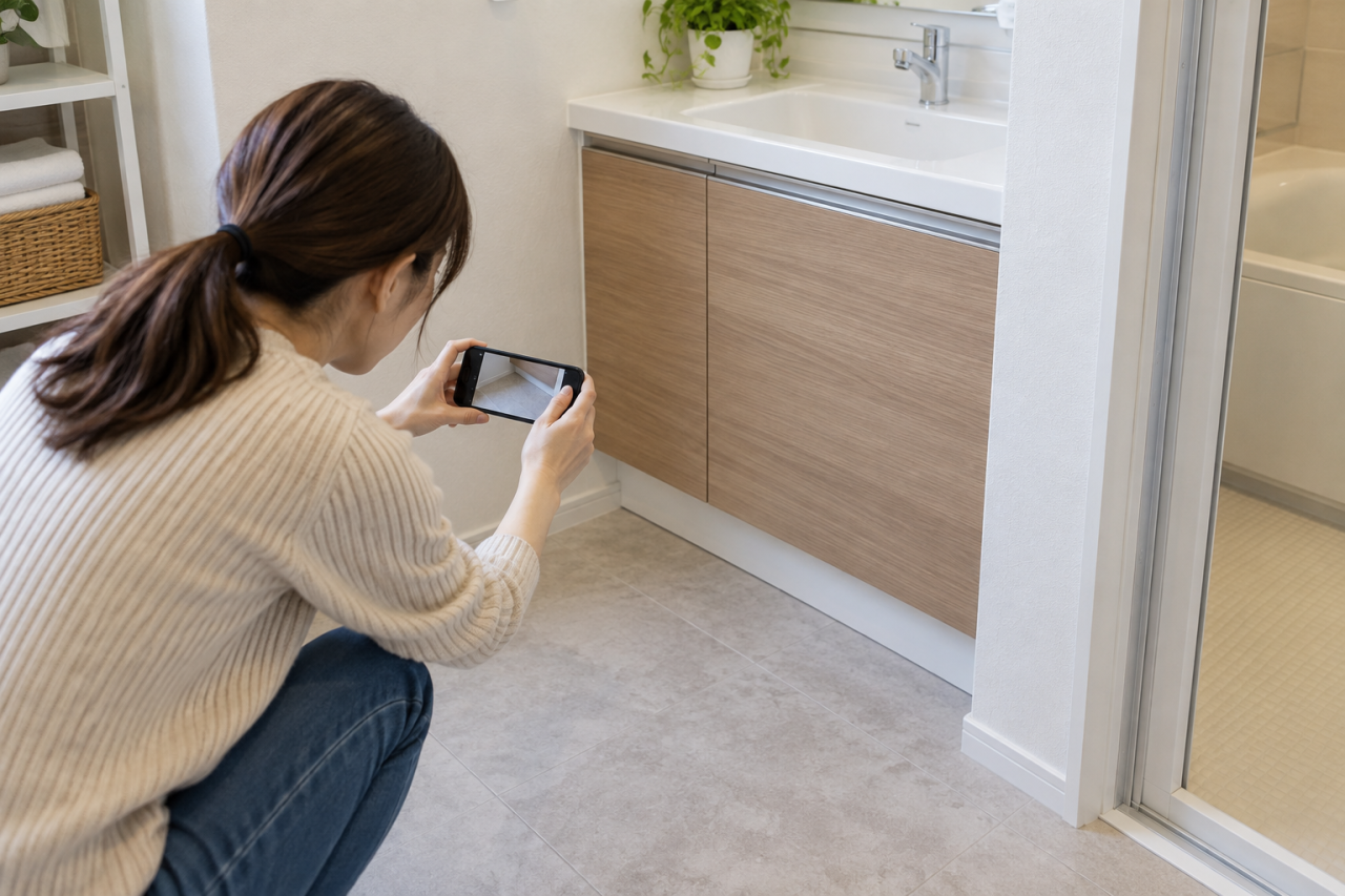 洗面台の周囲の床をスマートフォンで撮影する人