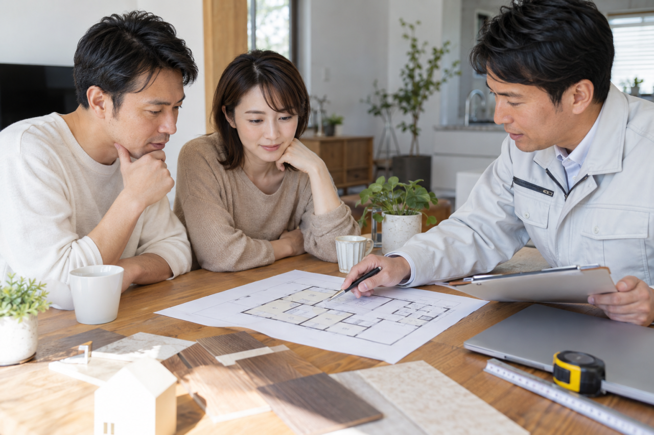 図面を前に住まいの相談内容を整理する人たち