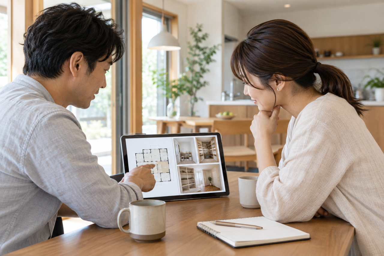 収納の写真と間取り図をタブレットで見ながら確認する二人