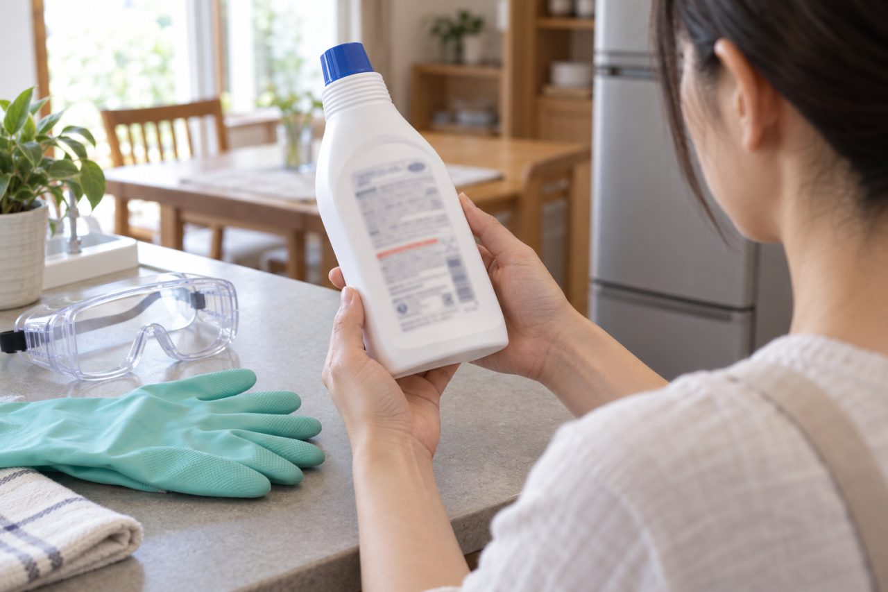 製品表示を確認する人と眼鏡・手袋