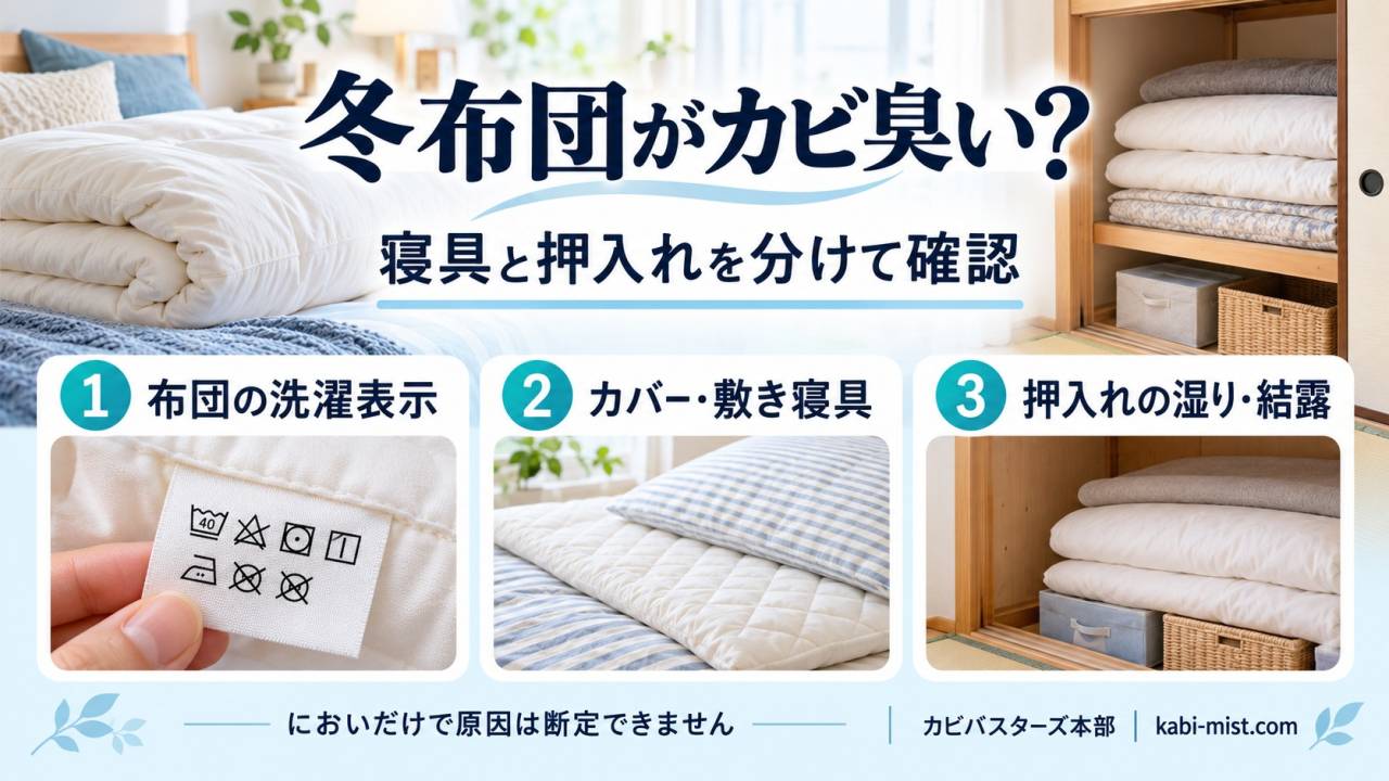 冬布団がカビ臭いとき、布団の洗濯表示、カバーや敷き寝具、押入れの湿りや結露を分けて確認する図