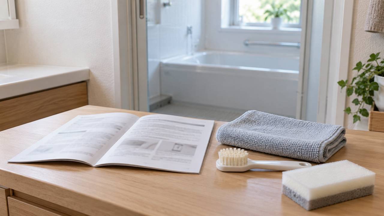 浴室の取扱説明書と柔らかい掃除道具を確認する説明用イメージ