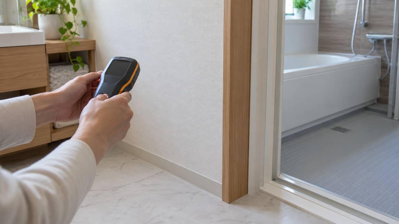 浴室入口周辺の壁を調べる機器を持つ手元の説明用イメージ