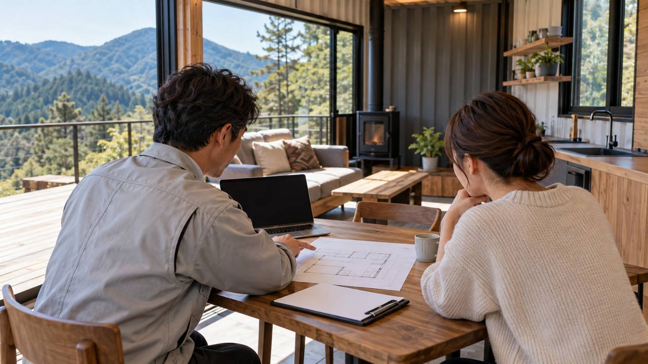 コンテナ別荘の利用状況と調査範囲を相談するイメージ