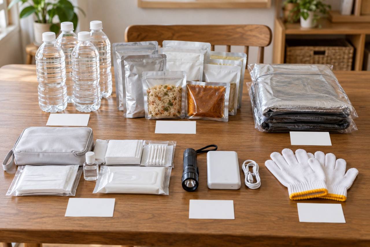 食品や毛布や衛生用品を品目ごとに分けて保管状態を確認するイメージ